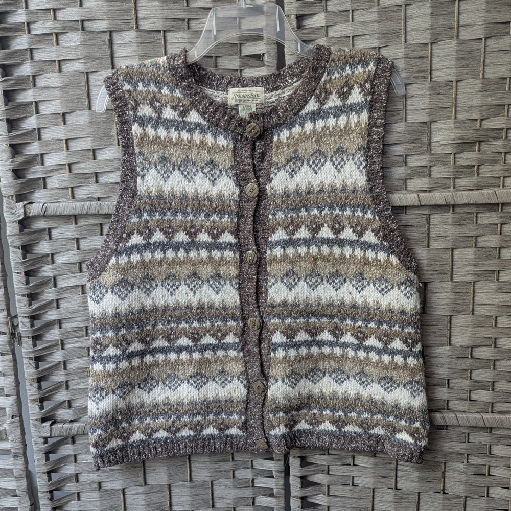 Vtg Sweater Vest Brown Fair Isle Button Front V Neck Sz L Cabin Cottagecore